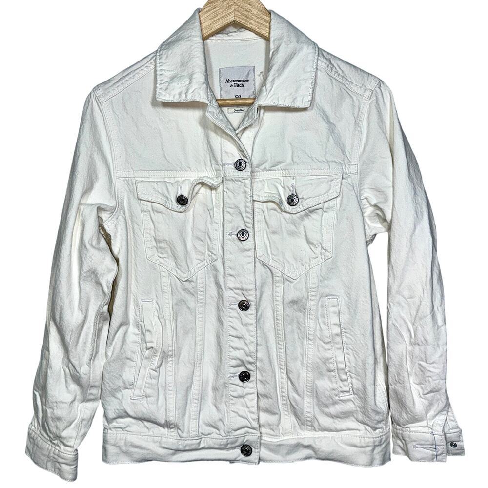 Abercrombie & Fitch Oversized White Denim Cotton Jean Jacket Coat Womens XXS 2XS